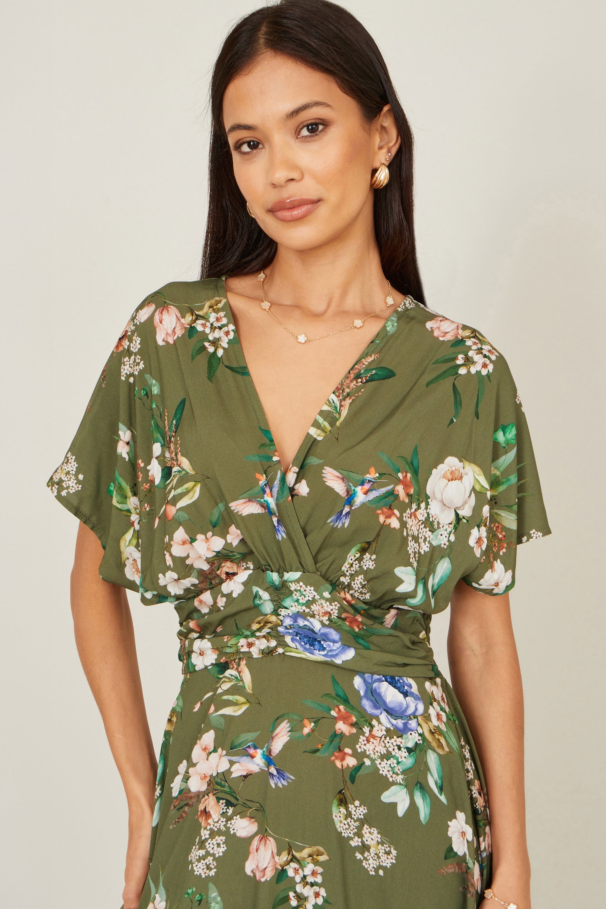 Yumi Sage Green Viscose Floral Print Midi Dress with Ruched Waist