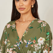 Yumi Sage Green Viscose Floral Print Midi Dress with Ruched Waist