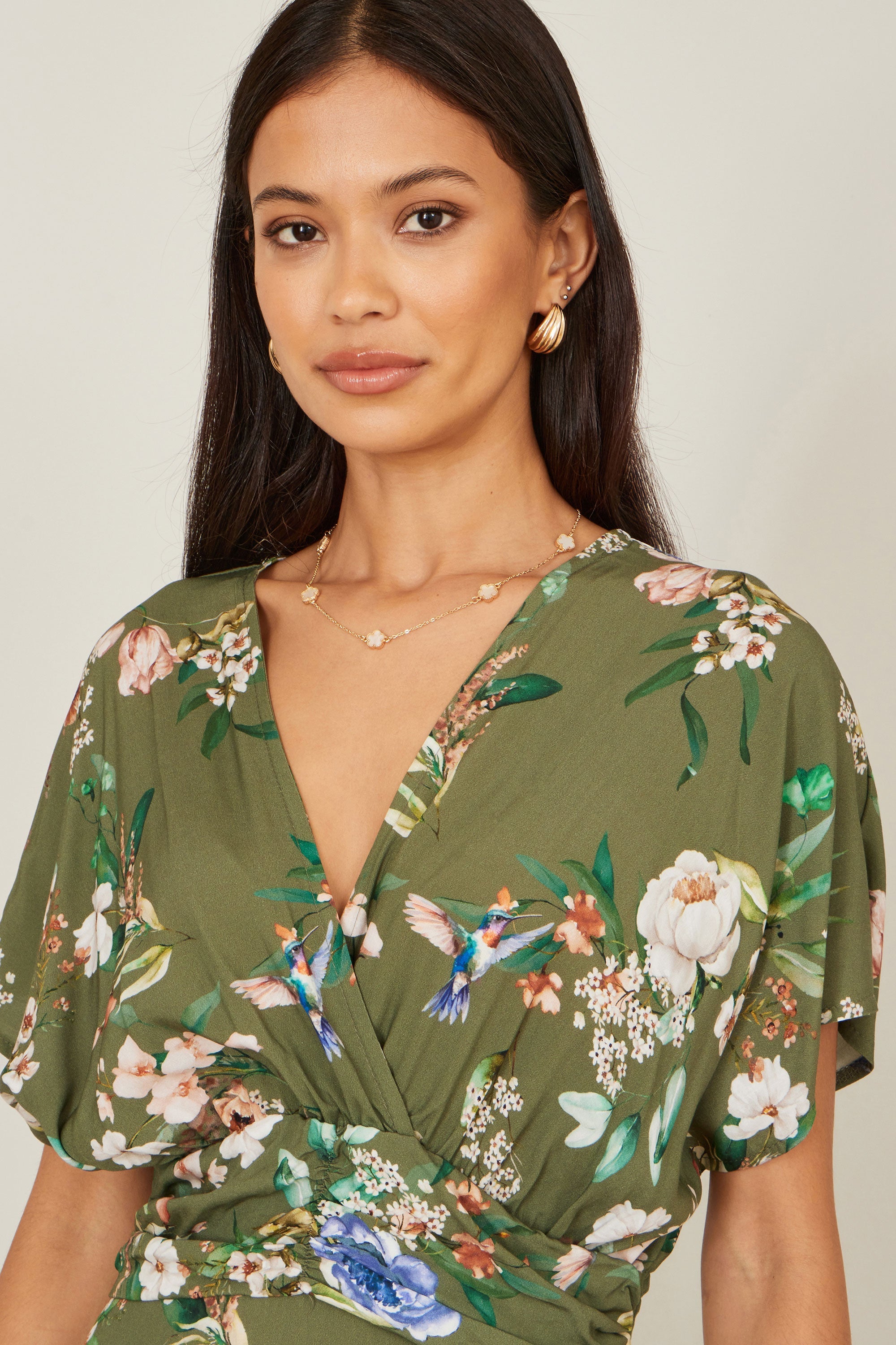 Yumi Sage Green Viscose Floral Print Midi Dress with Ruched Waist