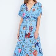 Yumi Blue Viscose Bird and Floral Print Midi Dress with Ruched Waist