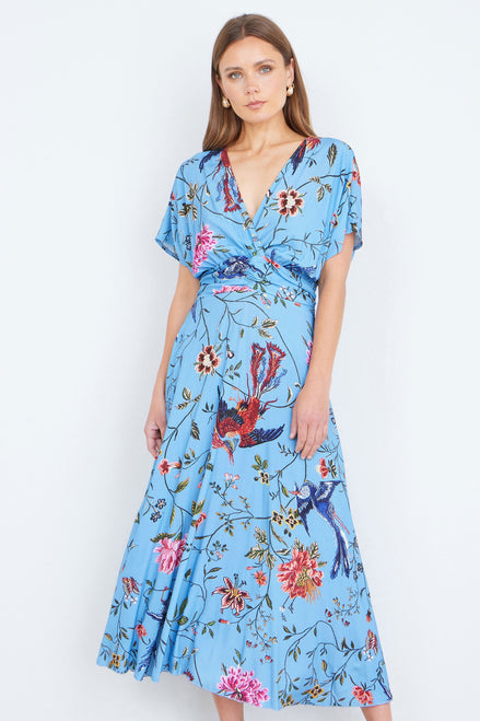 Yumi Blue Viscose Bird and Floral Print Midi Dress with Ruched Waist