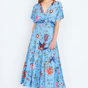 Yumi Blue Viscose Bird and Floral Print Midi Dress with Ruched Waist