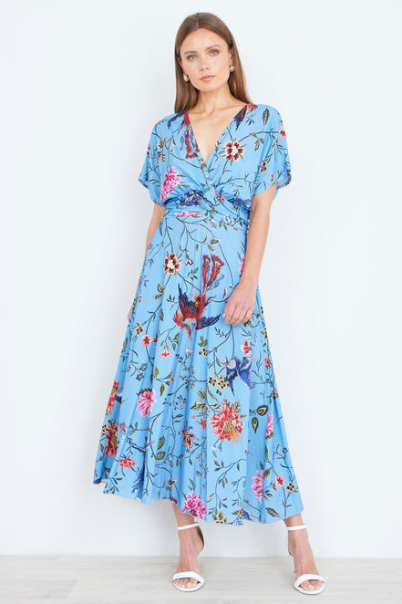 Yumi Blue Viscose Bird and Floral Print Midi Dress with Ruched Waist