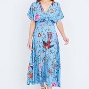 Yumi Blue Viscose Bird and Floral Print Midi Dress with Ruched Waist