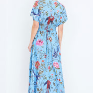 Yumi Blue Viscose Bird and Floral Print Midi Dress with Ruched Waist