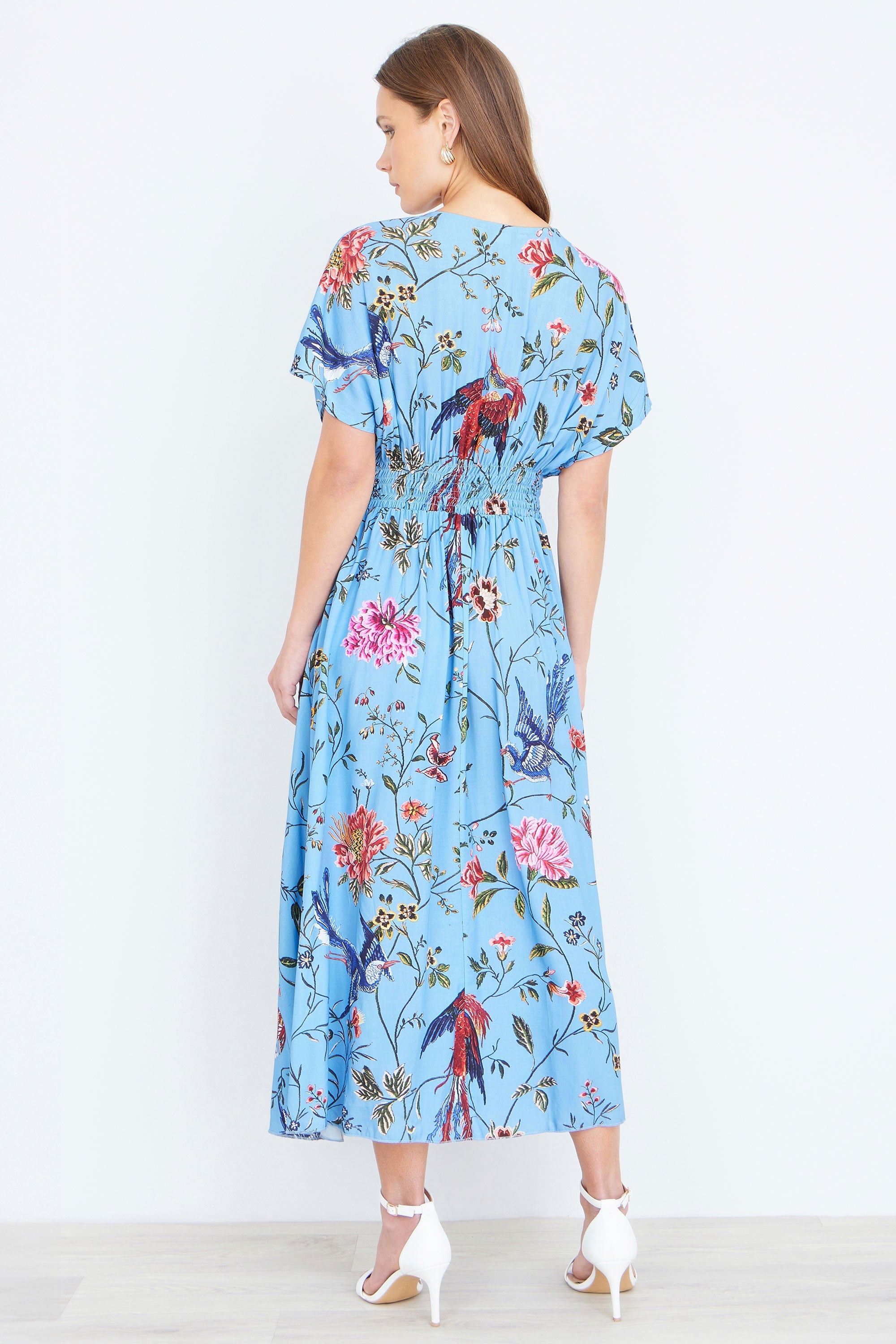 Yumi Blue Viscose Bird and Floral Print Midi Dress with Ruched Waist