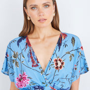 Yumi Blue Viscose Bird and Floral Print Midi Dress with Ruched Waist