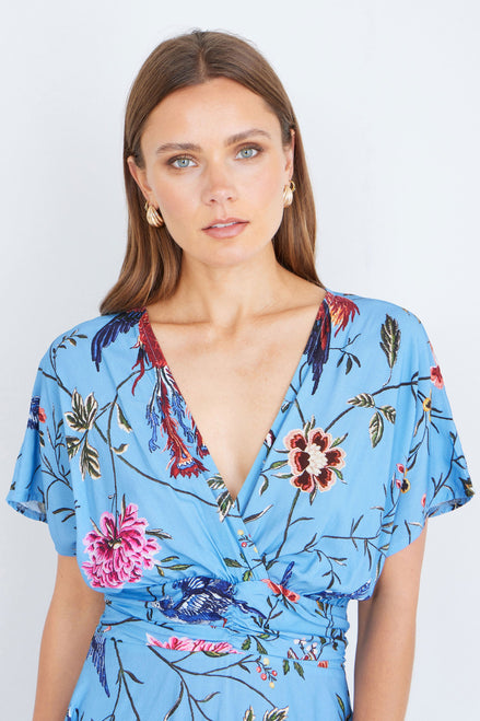 Yumi Blue Viscose Bird and Floral Print Midi Dress with Ruched Waist