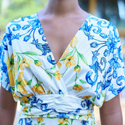 Yumi White Lemon Print Viscose Ruched Waist Midi Dress