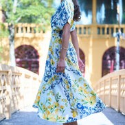 Yumi White Lemon Print Viscose Ruched Waist Midi Dress