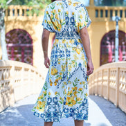 Yumi White Lemon Print Viscose Ruched Waist Midi Dress