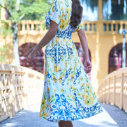 Yumi White Lemon Print Viscose Ruched Waist Midi Dress