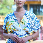 Yumi White Lemon Print Viscose Ruched Waist Midi Dress