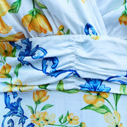 Yumi White Lemon Print Viscose Ruched Waist Midi Dress