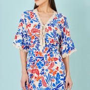 Yumi Multicolour Leaf Print Viscose Kimono Sleeve Tunic