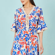 Yumi Multicolour Leaf Print Viscose Kimono Sleeve Tunic