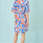 Yumi Multicolour Leaf Print Viscose Kimono Sleeve Tunic
