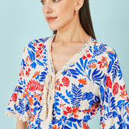 Yumi Multicolour Leaf Print Viscose Kimono Sleeve Tunic