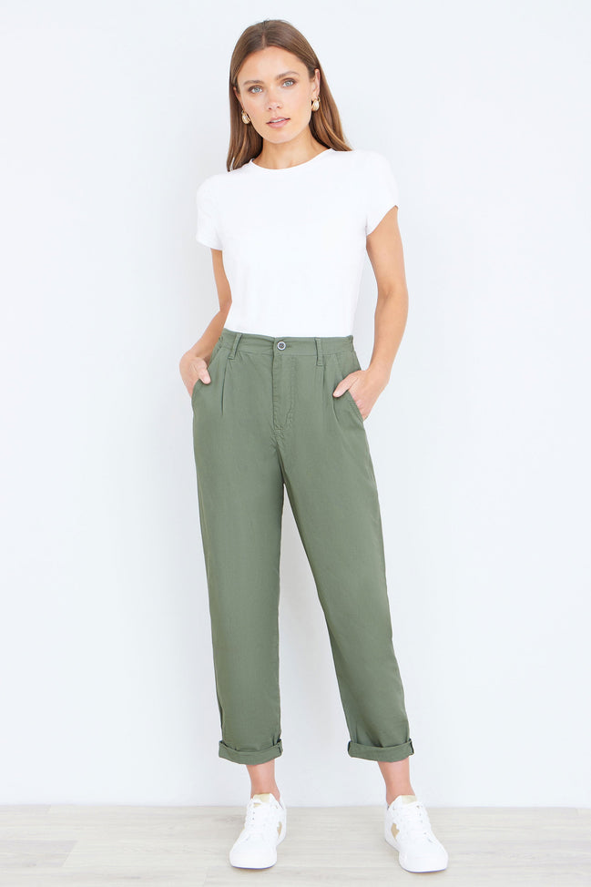 Yumi Khaki Cotton Canvas Chino Trousers