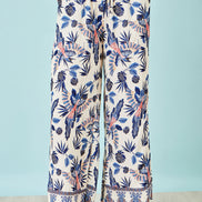 Yumi Blue Bird Print Viscose Wide Leg Trousers