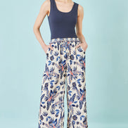 Yumi Blue Bird Print Viscose Wide Leg Trousers