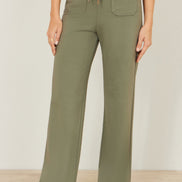 Yumi Khaki Relaxed Stretch Wide Leg Trousers with Pockets