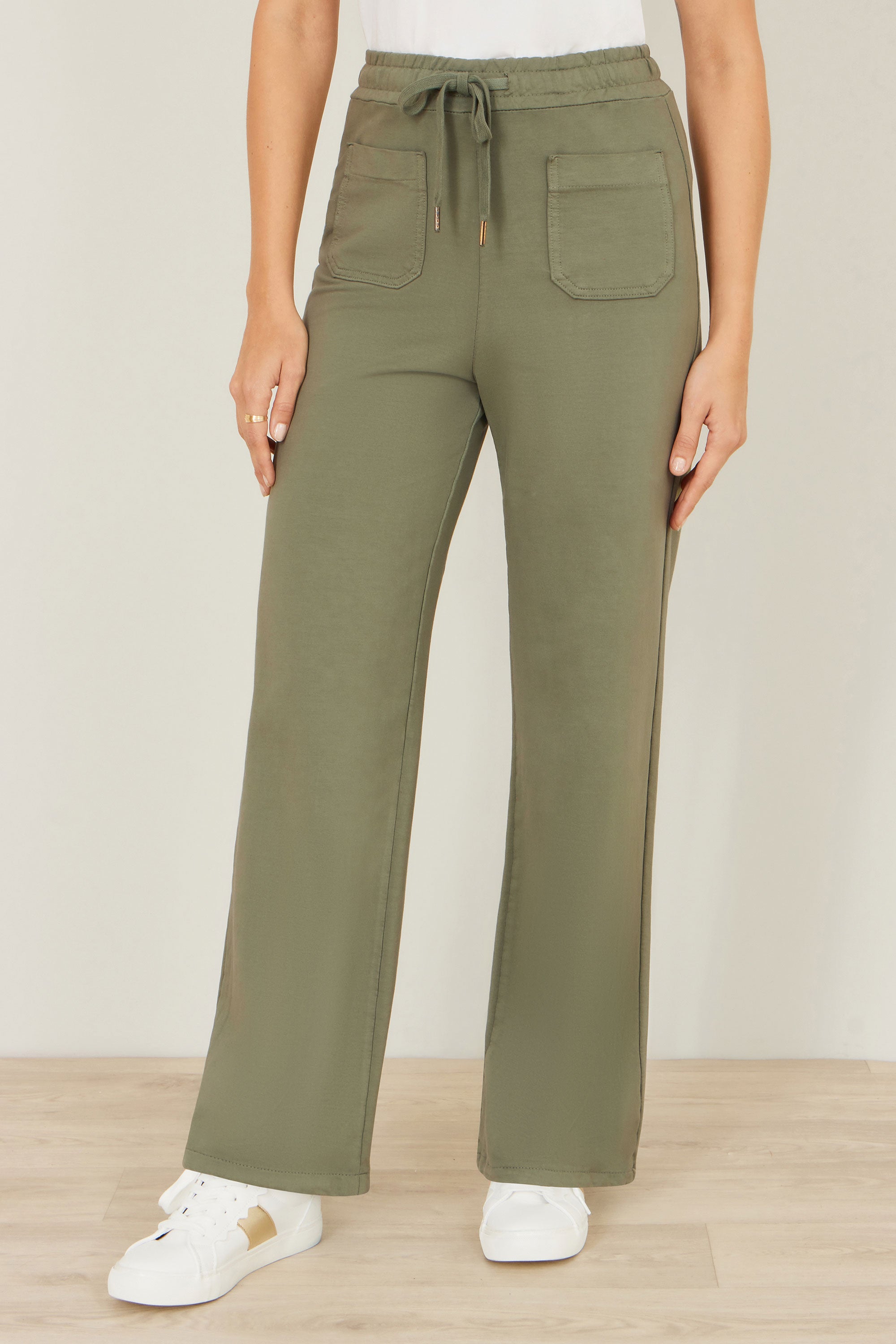 Yumi Khaki Relaxed Stretch Wide Leg Trousers with Pockets