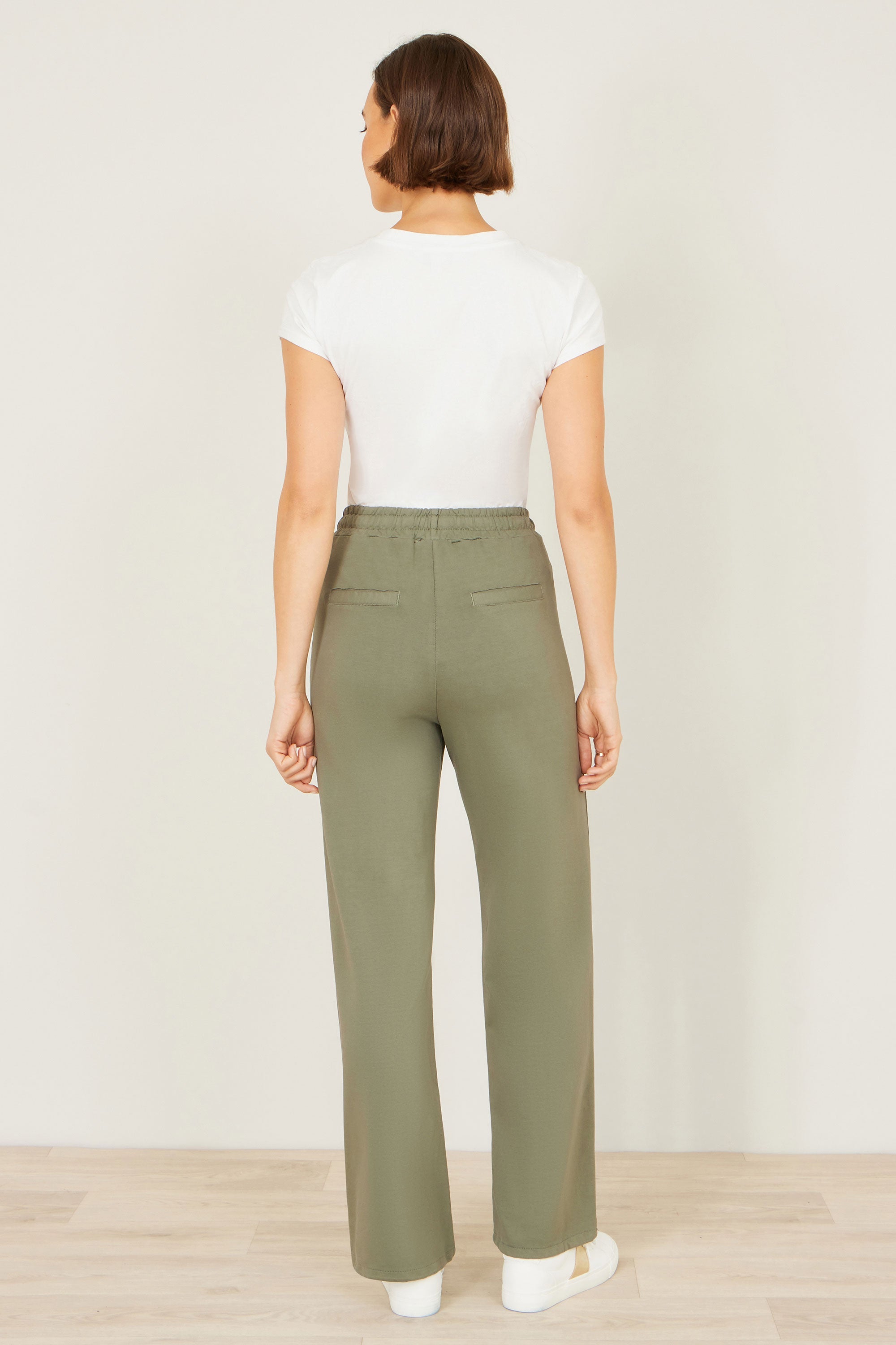 Yumi Khaki Relaxed Stretch Wide Leg Trousers with Pockets