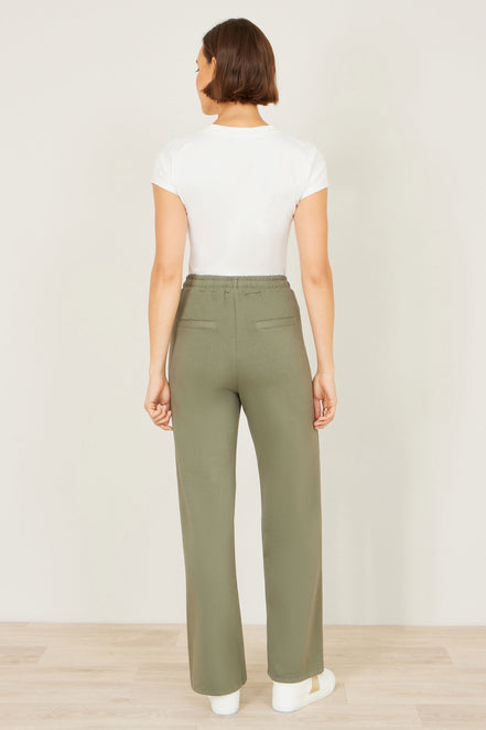 Yumi Khaki Relaxed Stretch Wide Leg Trousers with Pockets