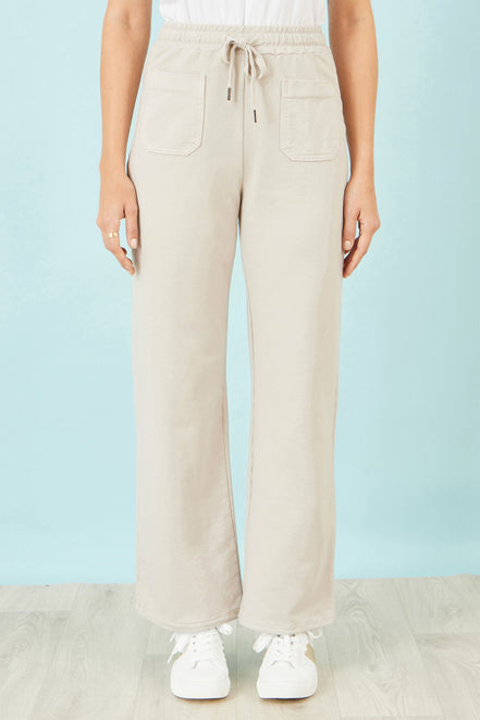 Yumi Cream Relaxed Stretch Wide Leg Trousers with Pockets