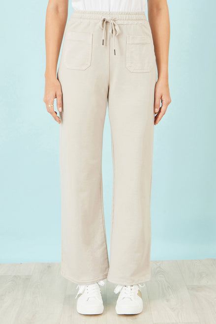 Yumi Cream Relaxed Stretch Wide Leg Trousers with Pockets