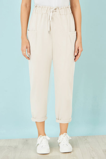 Yumi Cream Cotton Relaxed Stretch Trousers with Pockets