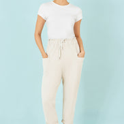Yumi Cream Cotton Relaxed Stretch Trousers with Pockets