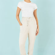 Yumi Cream Cotton Relaxed Stretch Trousers with Pockets