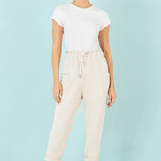 Yumi Cream Cotton Relaxed Stretch Trousers with Pockets