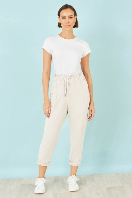 Yumi Cream Cotton Relaxed Stretch Trousers with Pockets