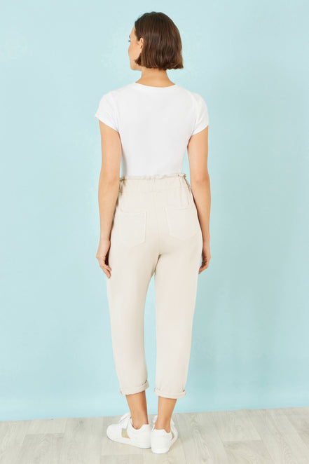Yumi Cream Cotton Relaxed Stretch Trousers with Pockets