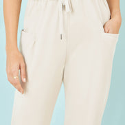 Yumi Cream Cotton Relaxed Stretch Trousers with Pockets