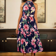 Yumi Navy Floral Halter Neck Midi Dress with Matching Belt