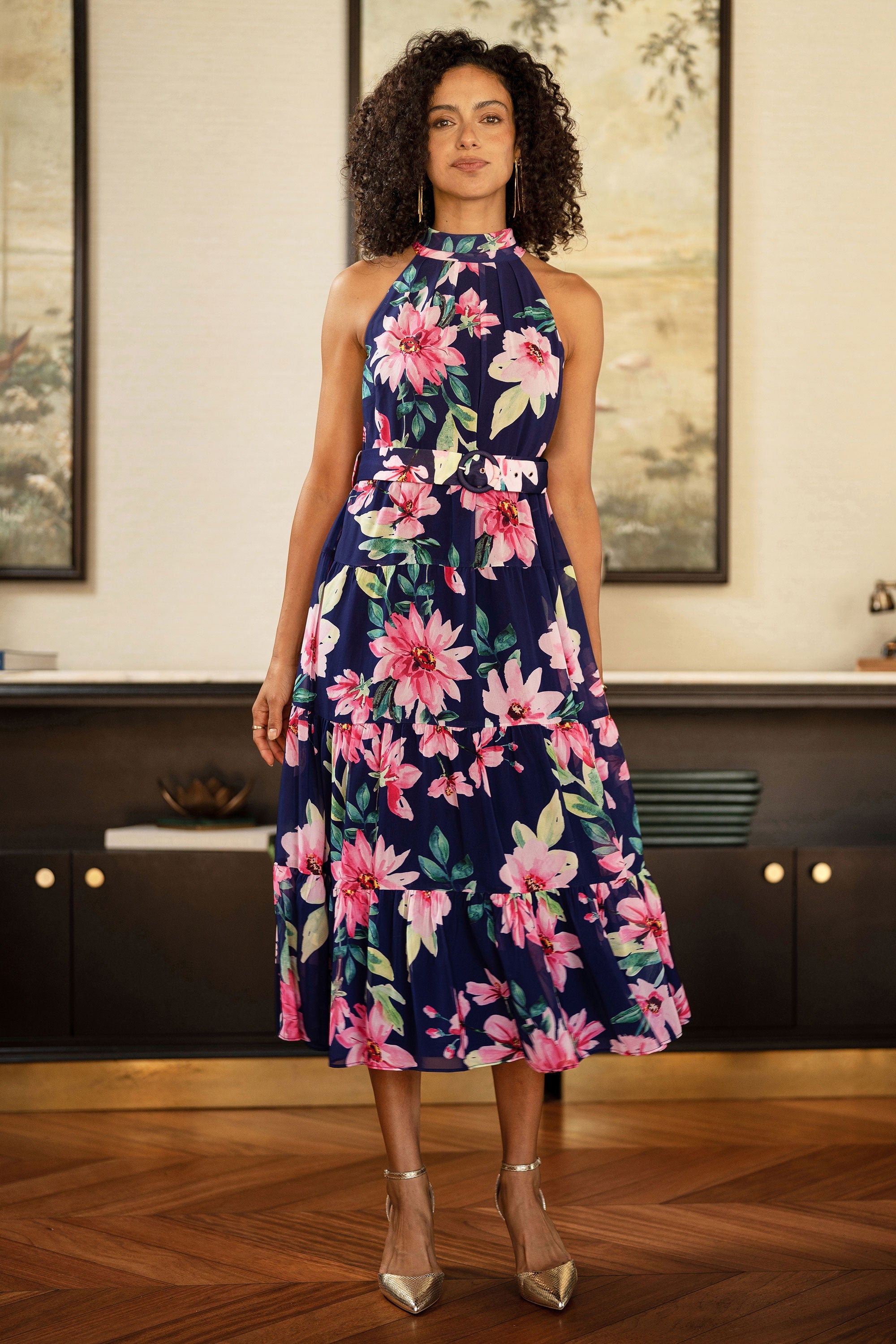 Yumi Navy Floral Halter Neck Midi Dress with Matching Belt