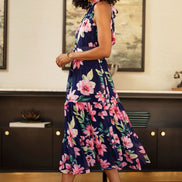 Yumi Navy Floral Halter Neck Midi Dress with Matching Belt