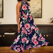 Yumi Navy Floral Halter Neck Midi Dress with Matching Belt