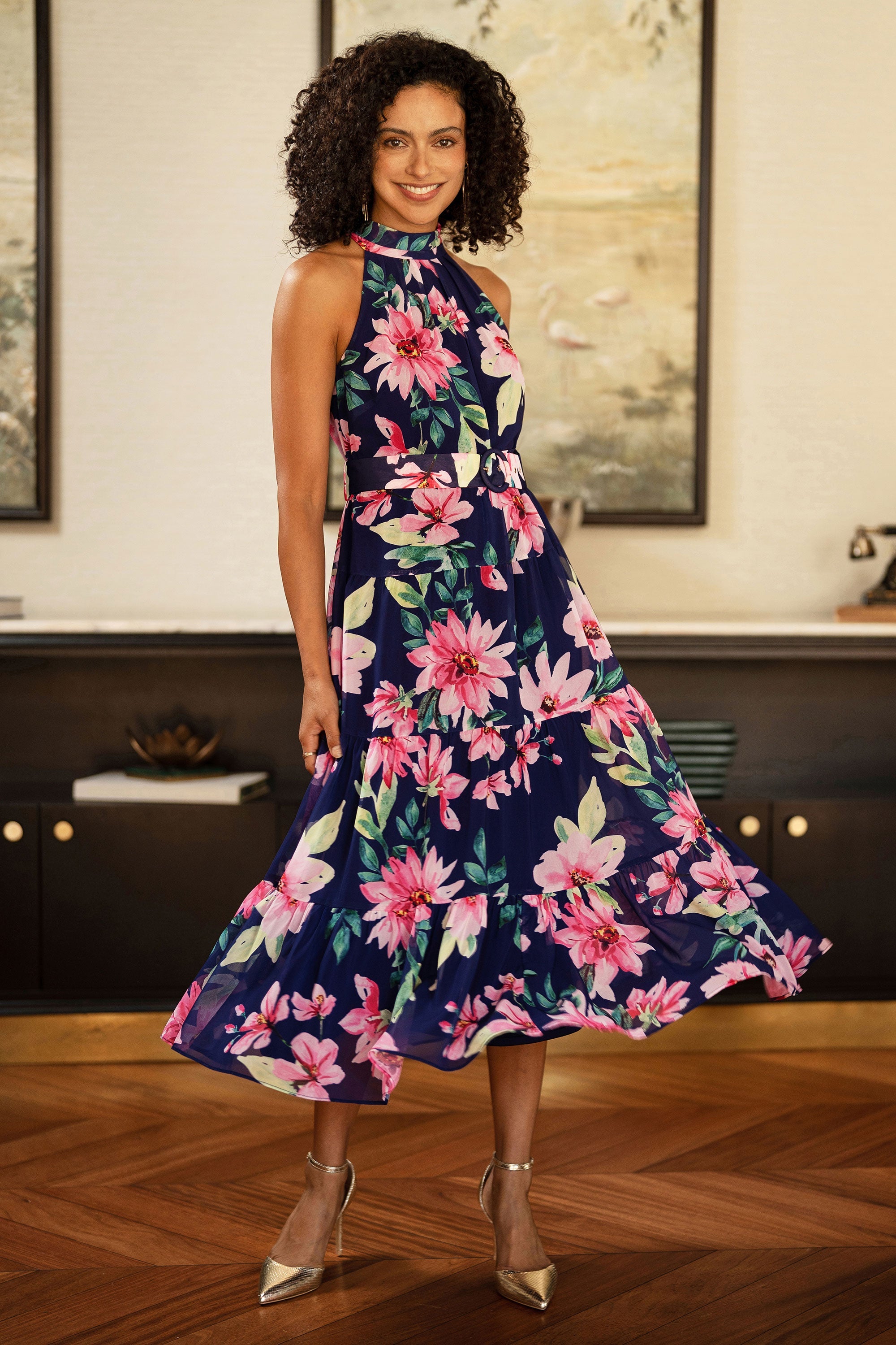 Yumi Navy Floral Halter Neck Midi Dress with Matching Belt