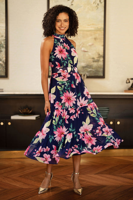 Yumi Navy Floral Halter Neck Midi Dress with Matching Belt