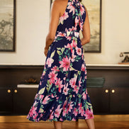 Yumi Navy Floral Halter Neck Midi Dress with Matching Belt