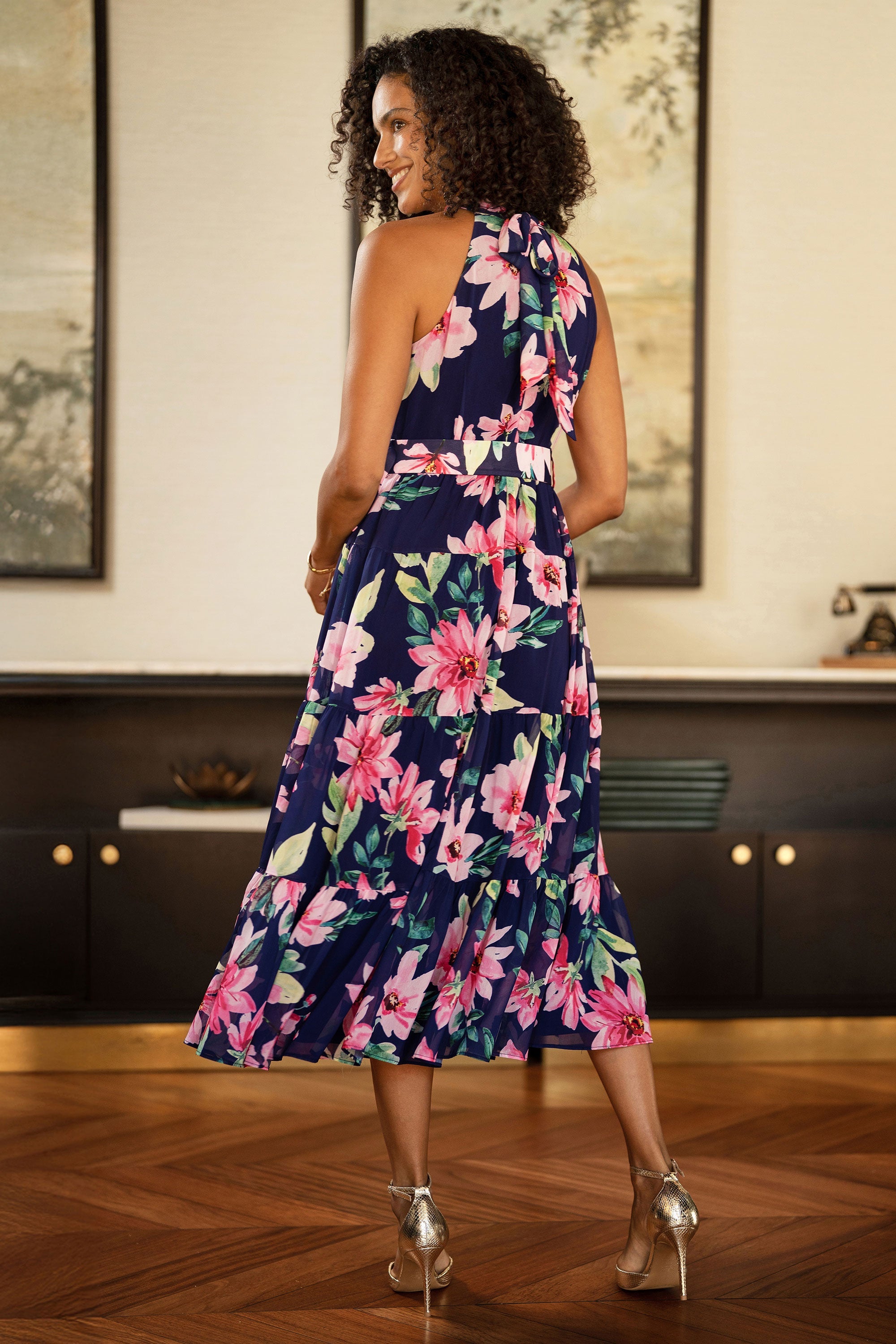 Yumi Navy Floral Halter Neck Midi Dress with Matching Belt