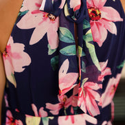 Yumi Navy Floral Halter Neck Midi Dress with Matching Belt