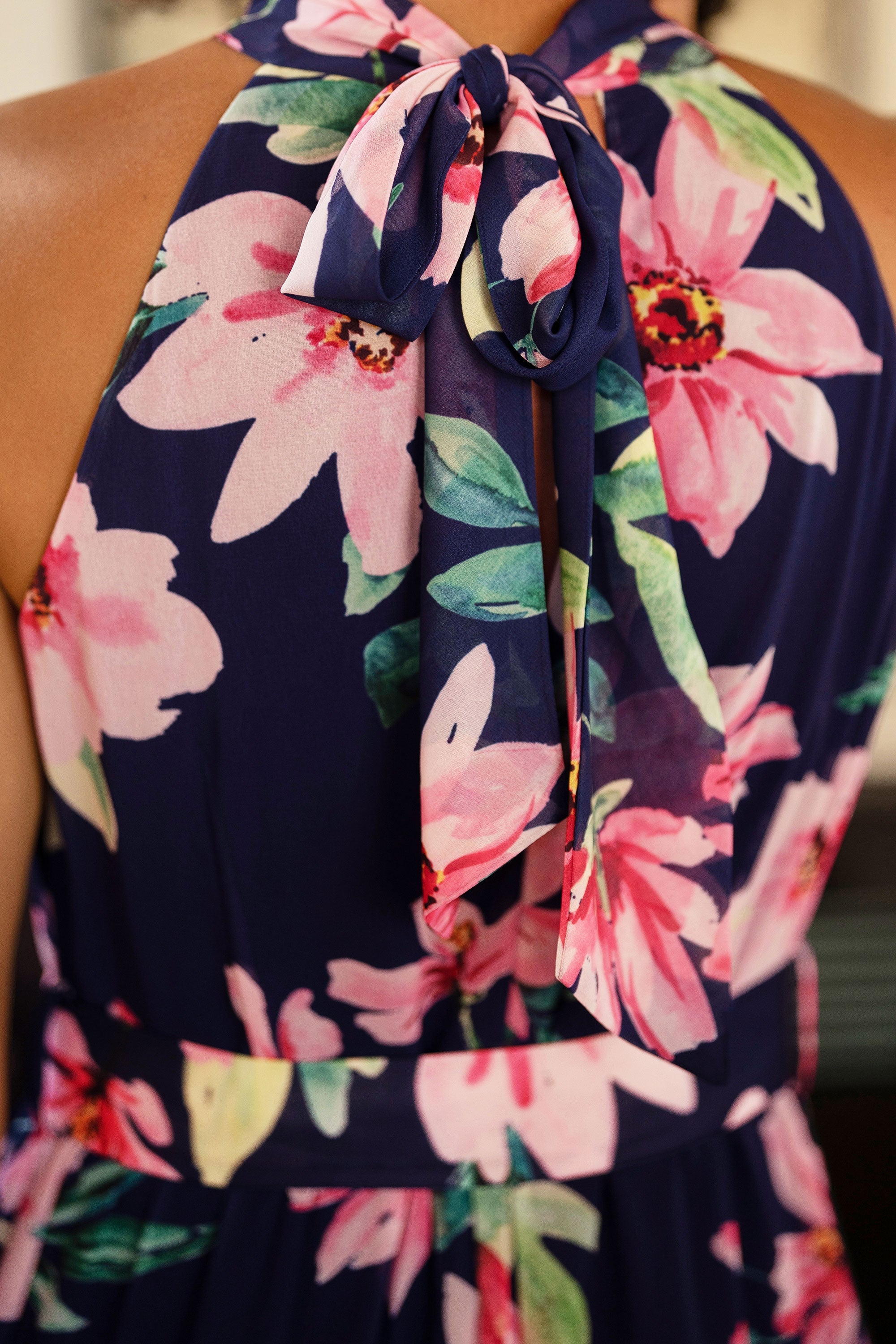 Yumi Navy Floral Halter Neck Midi Dress with Matching Belt