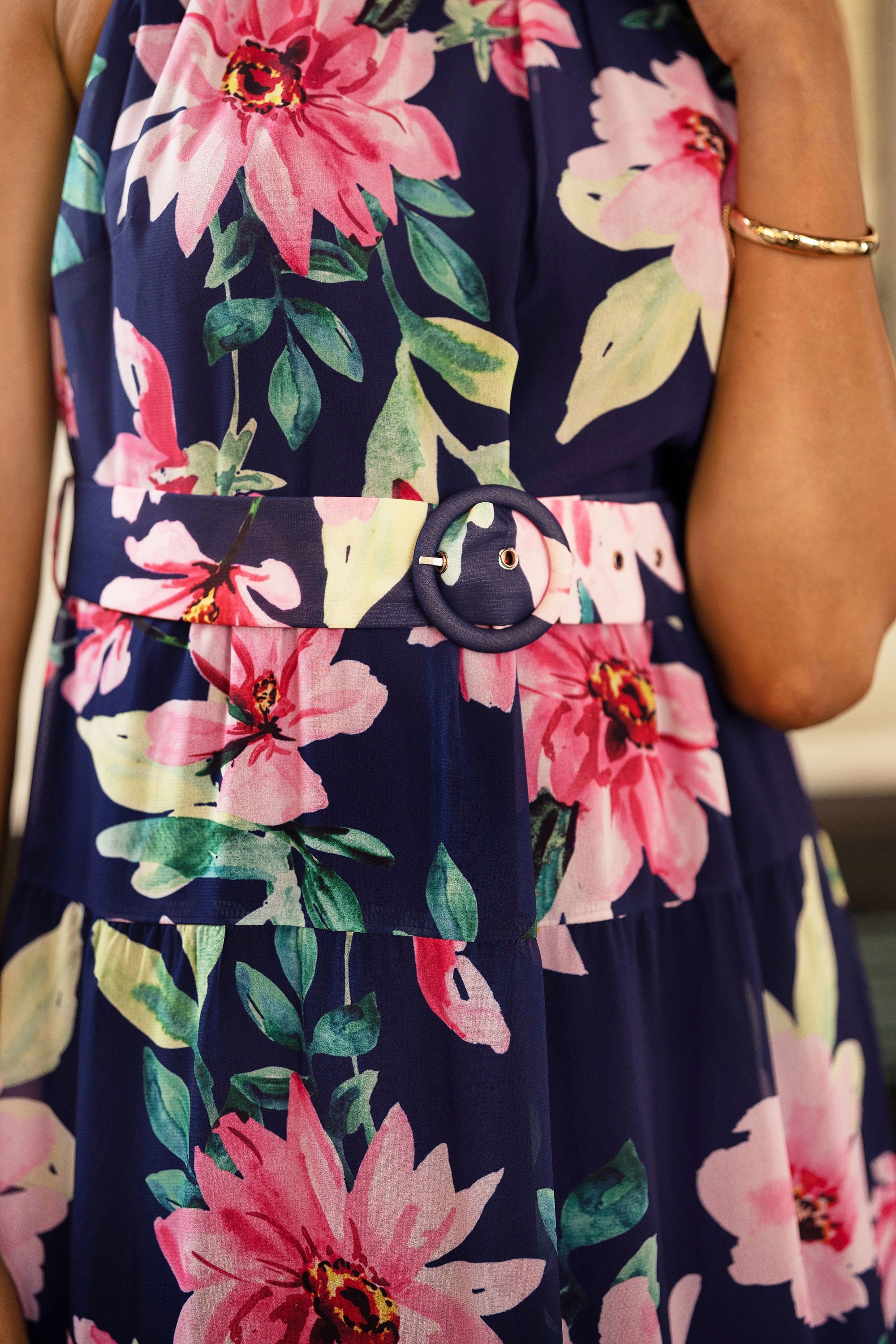 Yumi Navy Floral Halter Neck Midi Dress with Matching Belt