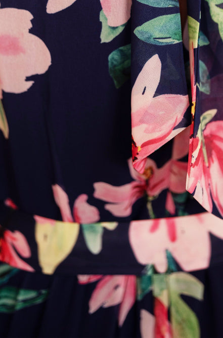 Yumi Navy Floral Halter Neck Midi Dress with Matching Belt